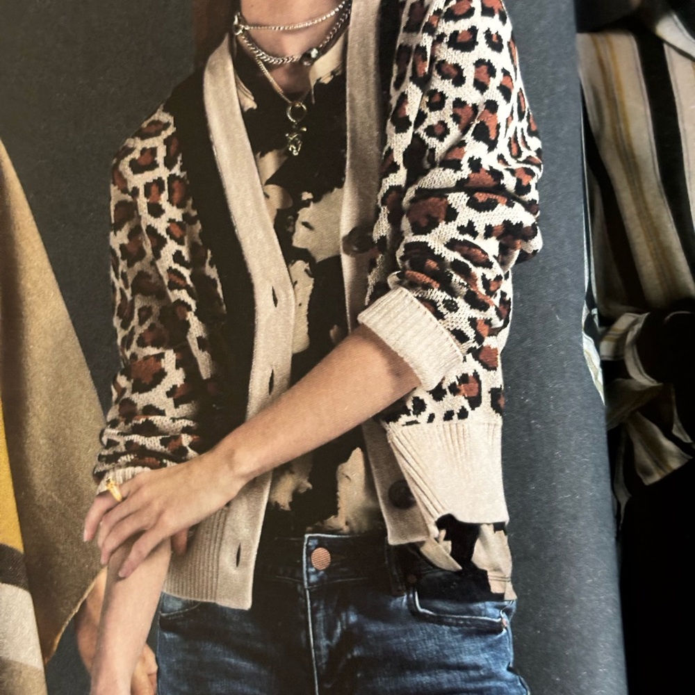 CAbi Nine Lives Leopard Print Cardigan 4289 Cream, Brown and Black Size M EUC
